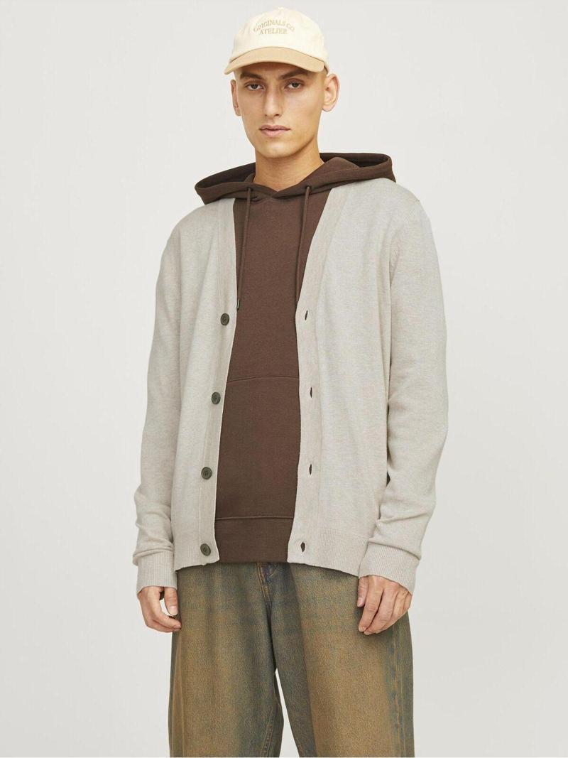 Erkek Strickjacke Einfarbig Bej Düğmeli Hırka - 12257492