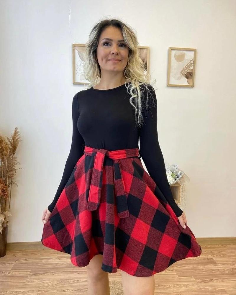 Kadın Uzun Kollu Bisiklet Yaka üst Viskon Alt Ekose Kısa Elbise