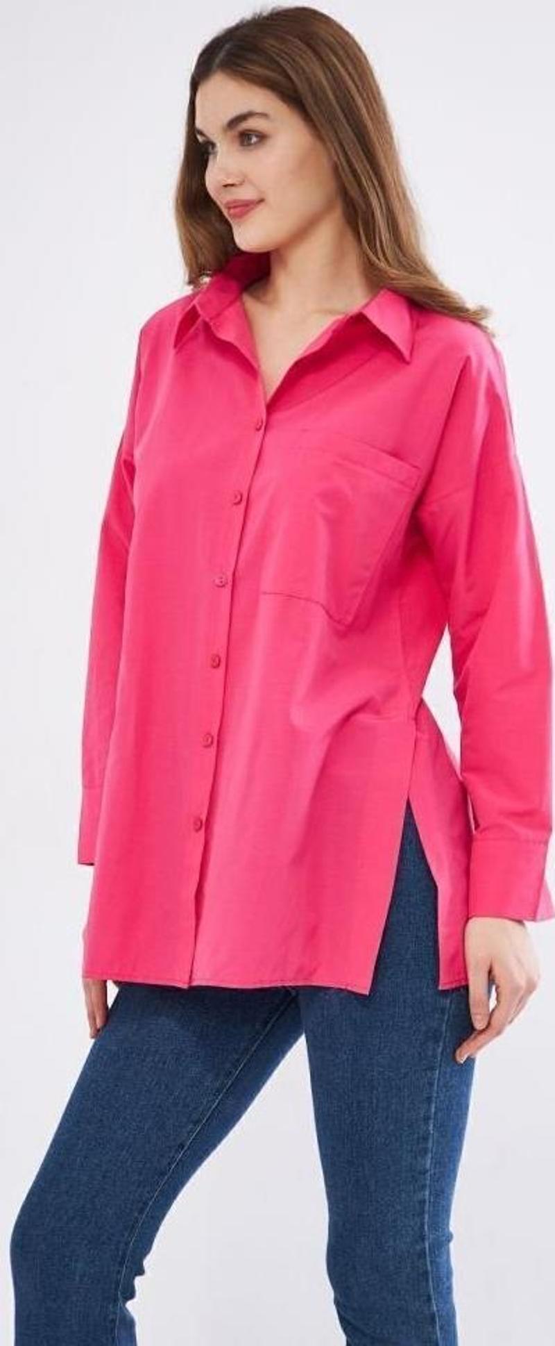 Kadın Uzun Kollu Terikoton Özel Kumaş Cepli  Spor Uzun Tunik Gömlek 3518185