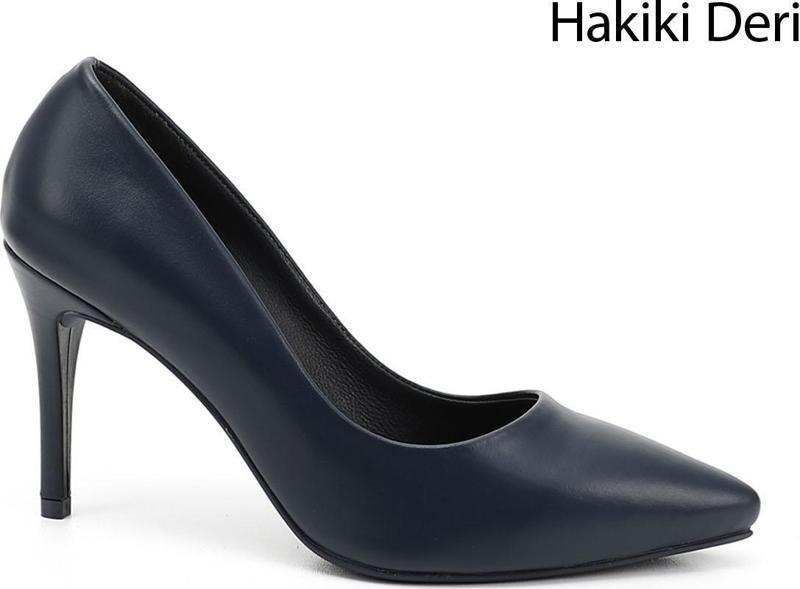 Kadın Lacivert Sivri Burun İnce Topuklu Hakiki Deri Stiletto