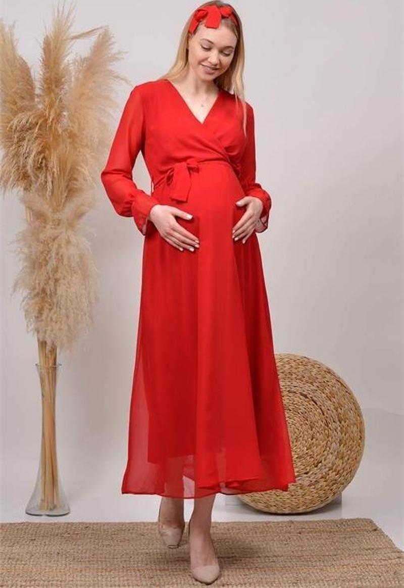 Dipmoda kadın kırmızı baby shower şifon hamile elbise HML003