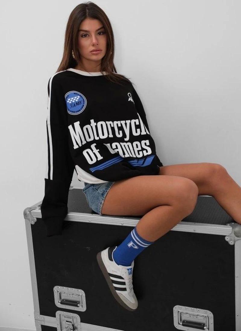 Şerit Detay Baskılı Oversize Sweatshirt