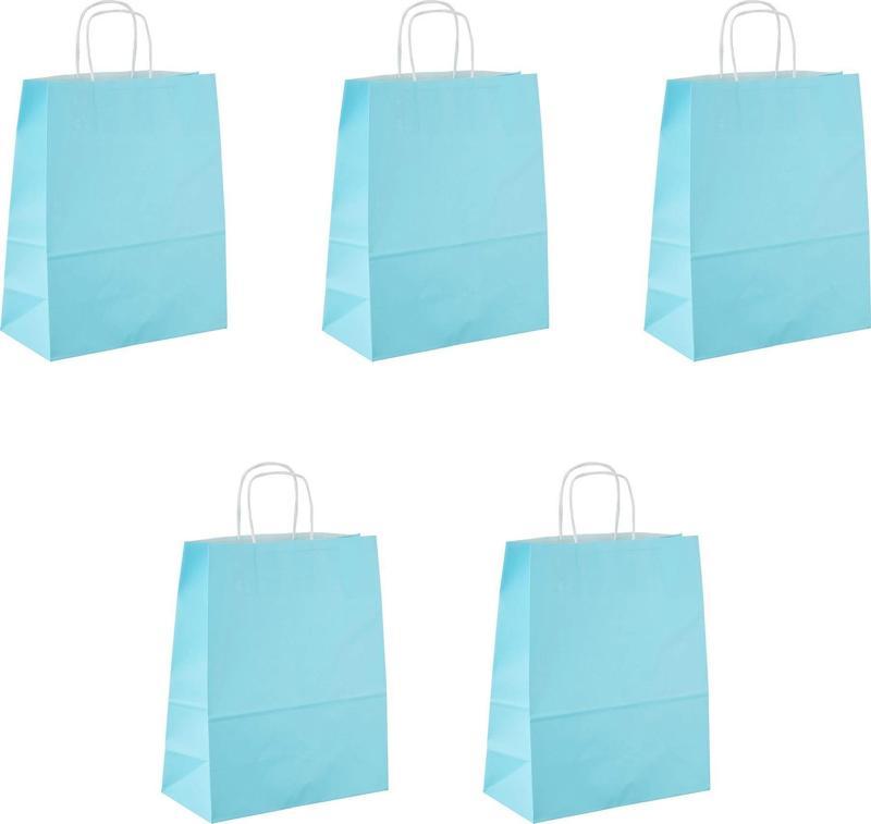 Büküm Saplı Kraft Kağıt Çanta Karton Hediyelik Poşet Torba - Açık Mavi -18x24 Cm. - 5 Adetlik Paket