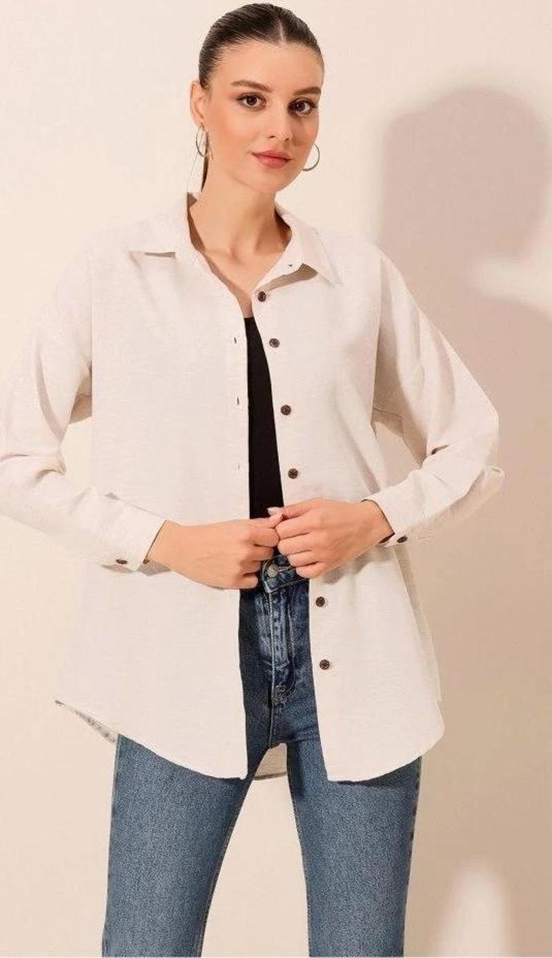 Krem Düz Oversize Uzun Basic Gömlek 3900