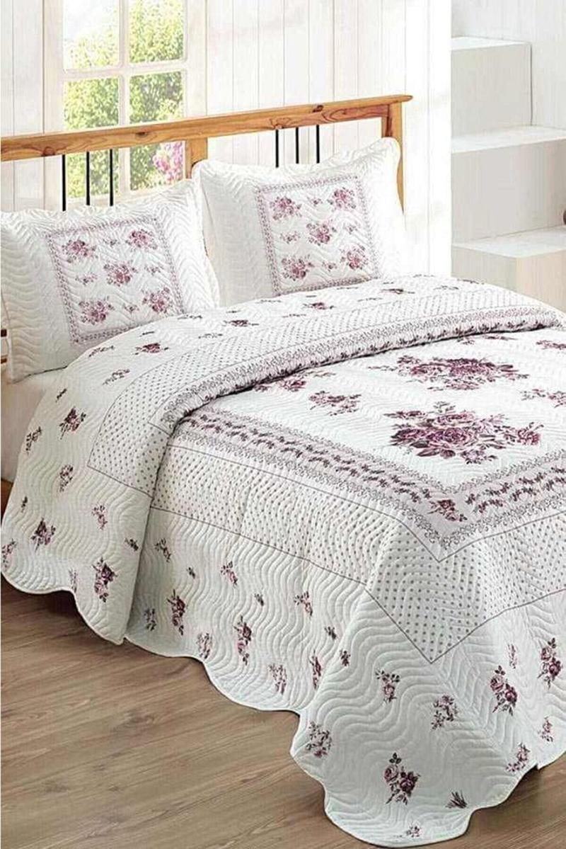 Flower Lila Çift Kişilik Kapitone Yatak Örtüsü
