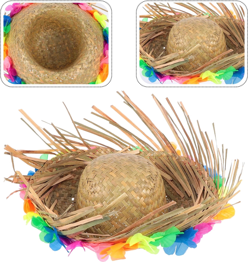 Naturel Renk Püsküllü Örme Hasır Hawaii Luau Aloha Şapka 13x36 Cm