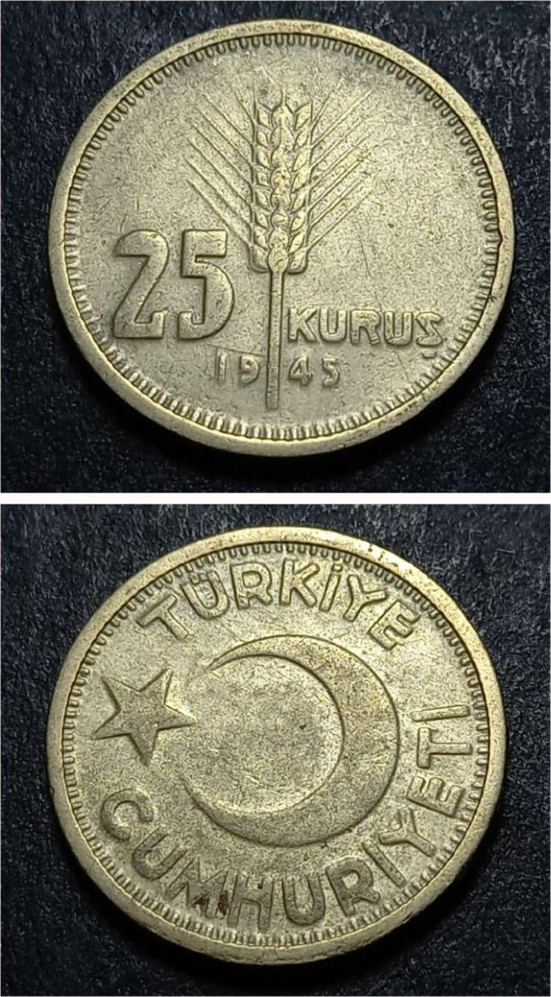 39963680228cb7a9e9 %80 Bakır ÇÇT+/CA 1945 25 Kuruş eski madeni para