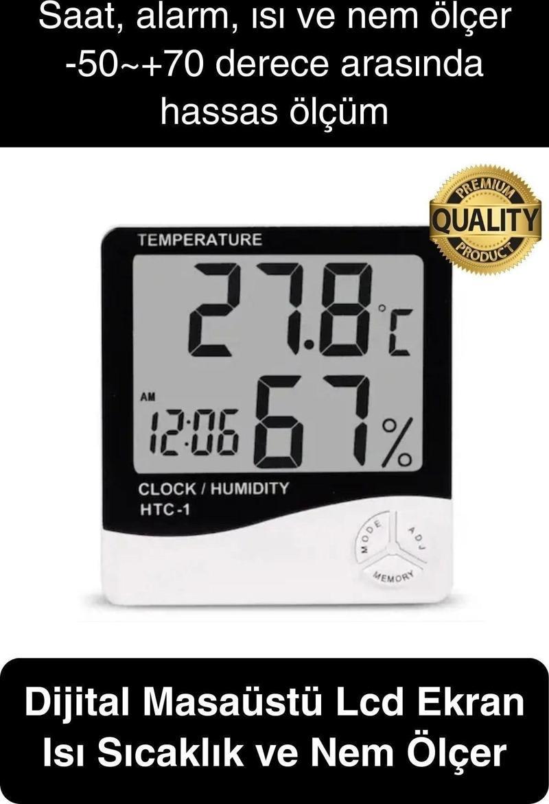 Premium Dijital Masaüstü Lcd Ekran Isı Sıcaklık ve Nem Ölçer Termometre Saat Alarm Pilli Beyaz