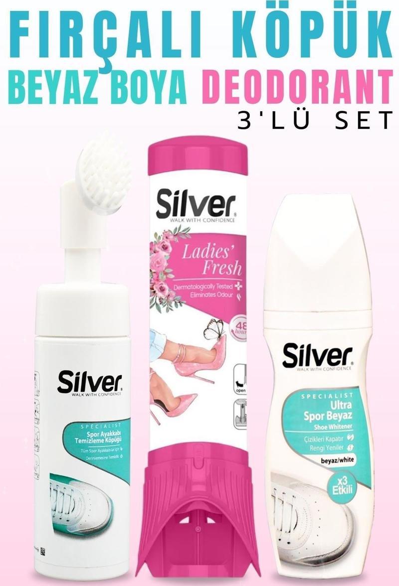 Kadın Ayakkabı Deodorantı + Ultra Beyaz Ayakkabı Boyası + Fırçalı Temizleme Köpüğü 3'lü Set