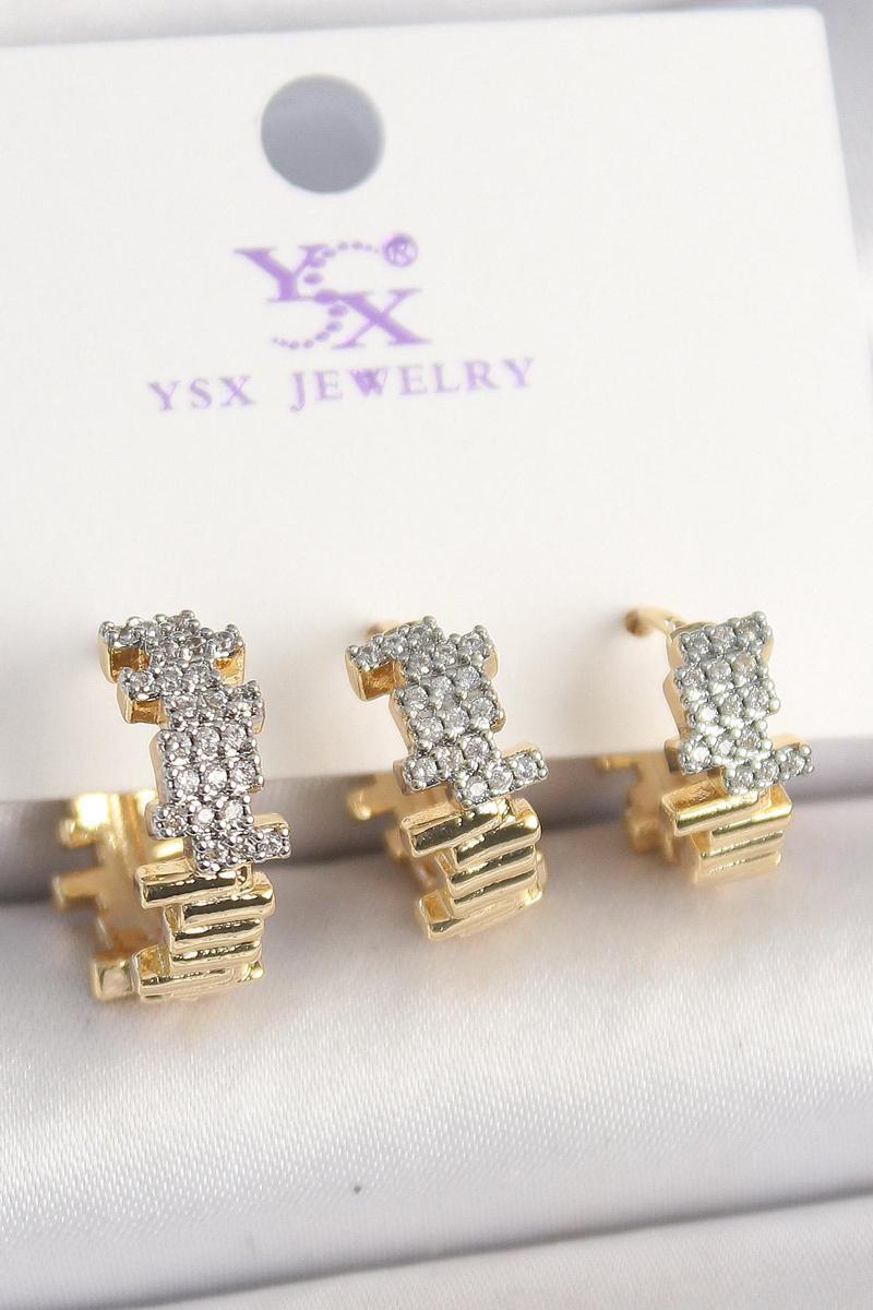Pirinç Gold Renk Zirkon Taşlı Dorika Model 3'Lü Kadın Kombin Küpe - TJ-BKP10451