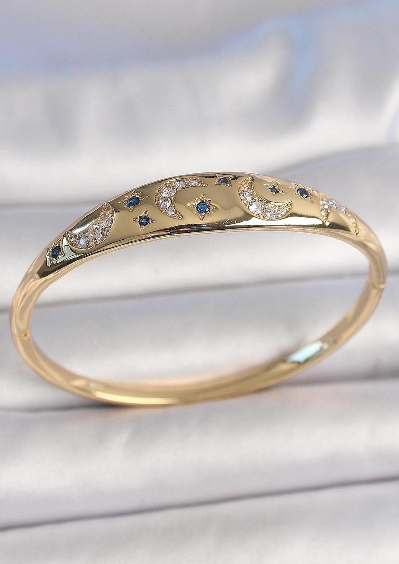 Pirinç Gold Renk Zirkon Taşlı Hilal İşleme Mavi Taşlı Yıldız Detay Kadın Kelepçe - TJ-BB6920