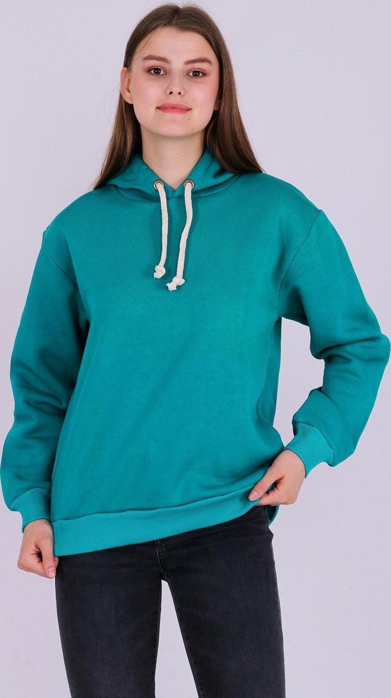 Yeşil Basic Oversize Kadın Kapüşonlu Hoodie 3 iplik Sweatshirt