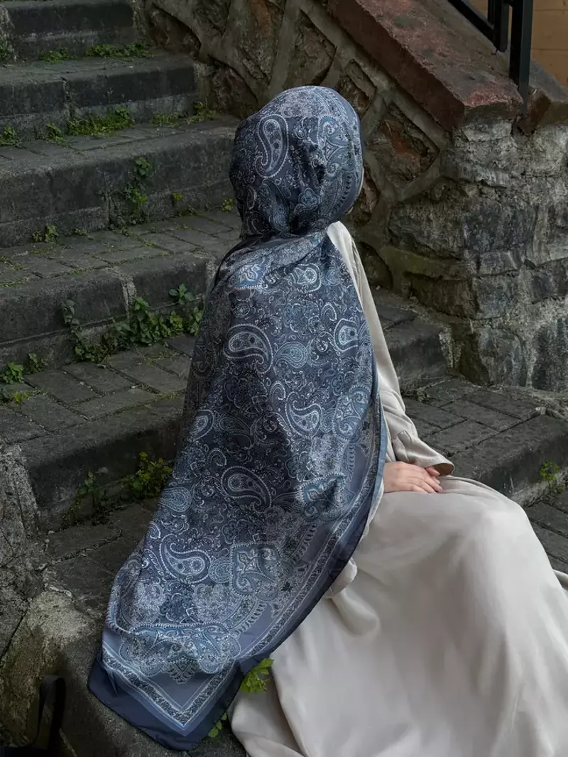 Pamuklu Etnik Desen Şal-Gri/Buz Mavi