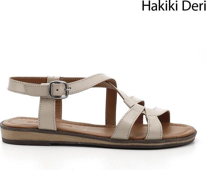 Kadın Bej Hakiki Deri Sandalet