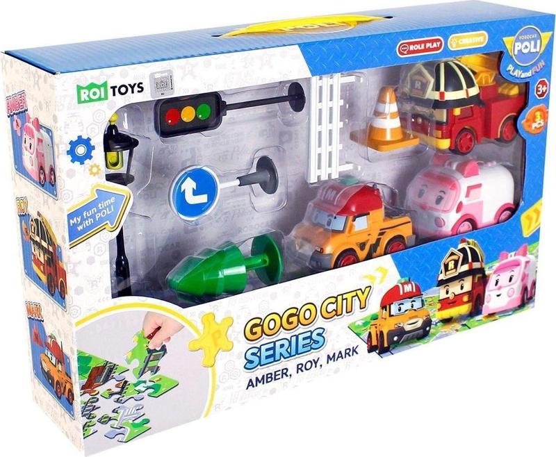 Gogo City Oyun Seti – Amber, Roy, Mark Araç Figürleri ve Puzzle Parçaları (3+ Yaş)