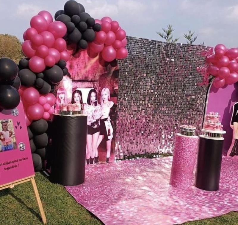 BLACK PİNK KONSEPTİ DOĞUM GÜNÜ SİYAH METALİK FUŞYA BALON ZİNCİR SETİ