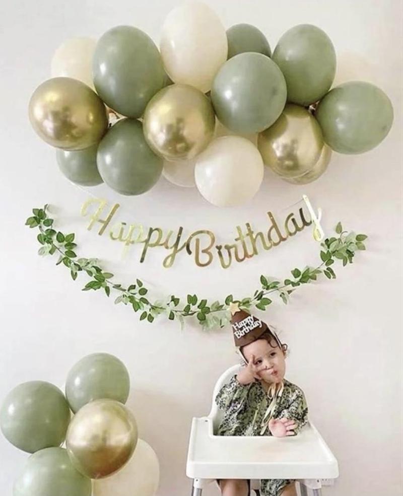 KÜF YEŞİLİ KROM GOLD DENİZ KUMU  BALON GOLD HAPPY BIRTHDAY KALİGRAFİ BANNER MİNİ ZİNCİR SET