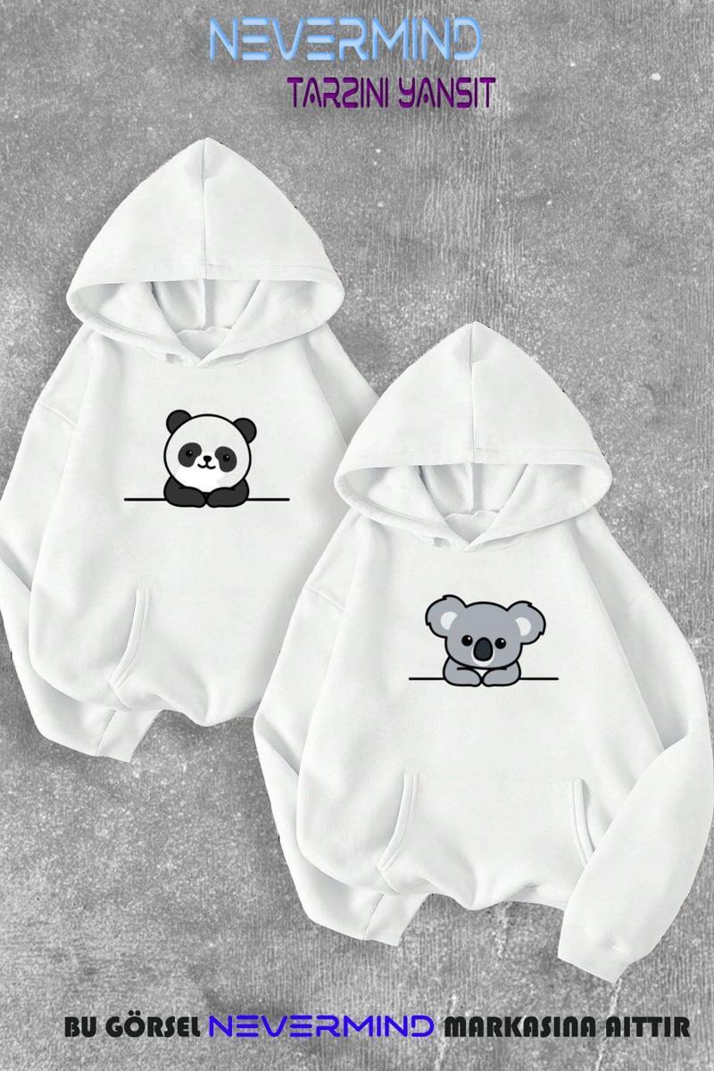 Sevgili Çift Kombini Panda&Koala Özel Baskılı Kapüşonlu Sweatshirt 2Li Set Takım
