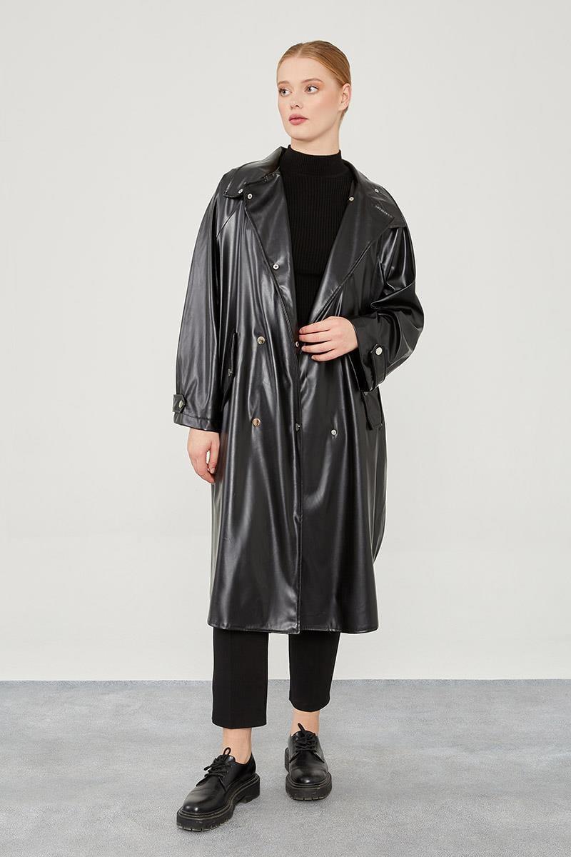 Siyah Oversize Suni Deri Trençkot