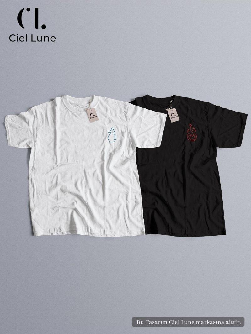 Unisex Ateş Ve Su Baskılı Sevgili Çift Kombini Tasarım Oversize Tshirt 2Li