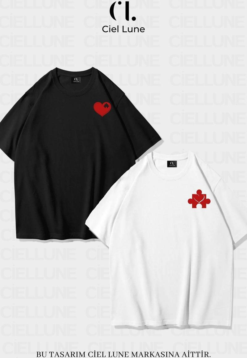 Unisex Kadın Erkek Heart Puzzle Baskılı Sevgili Çift Kombini Tasarım Oversize T-Shirt 2'Li Set