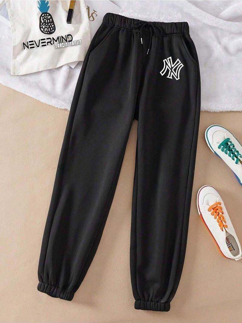 Kadın Ny Basklı 3 Iplik Düz Elastik Bel Ve Paça Termal Astarlı Jogger Eşofman Altı