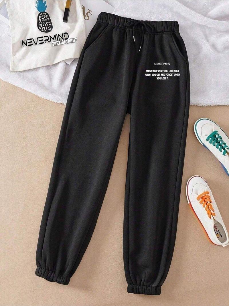 Kadın Nevermind Slogan Basklı 3 Iplik Düz Elastik Bel Ve Paça Termal Astarlı Jogger Eşofman Altı