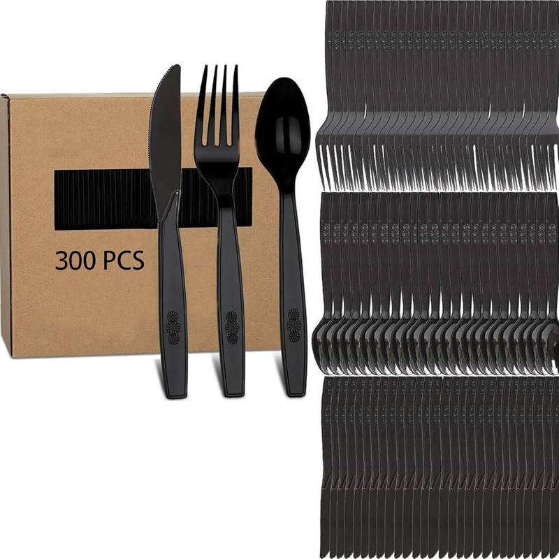 Plastik Siyah Çatal Kaşık Bıçak Seti Takımı- 100 Ad. Çatal + 100 Ad. Bıçak + 100 Ad. Kaşık - 18 Cm.