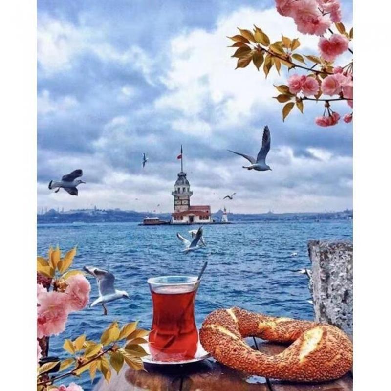 Canvas Üsküdar da Çay Simit Sayılarla Boyama Seti  Kasnaklı 90 x 110 cm