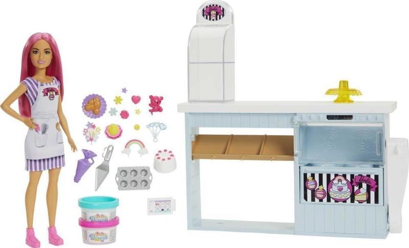 Pasta Dükkanı Oyun Seti ve Pembe Saçlı 30 cm Minyon Bebek HGB73, Fırın Standı, Pasta Yapma Özelliği, 20'den Fazla