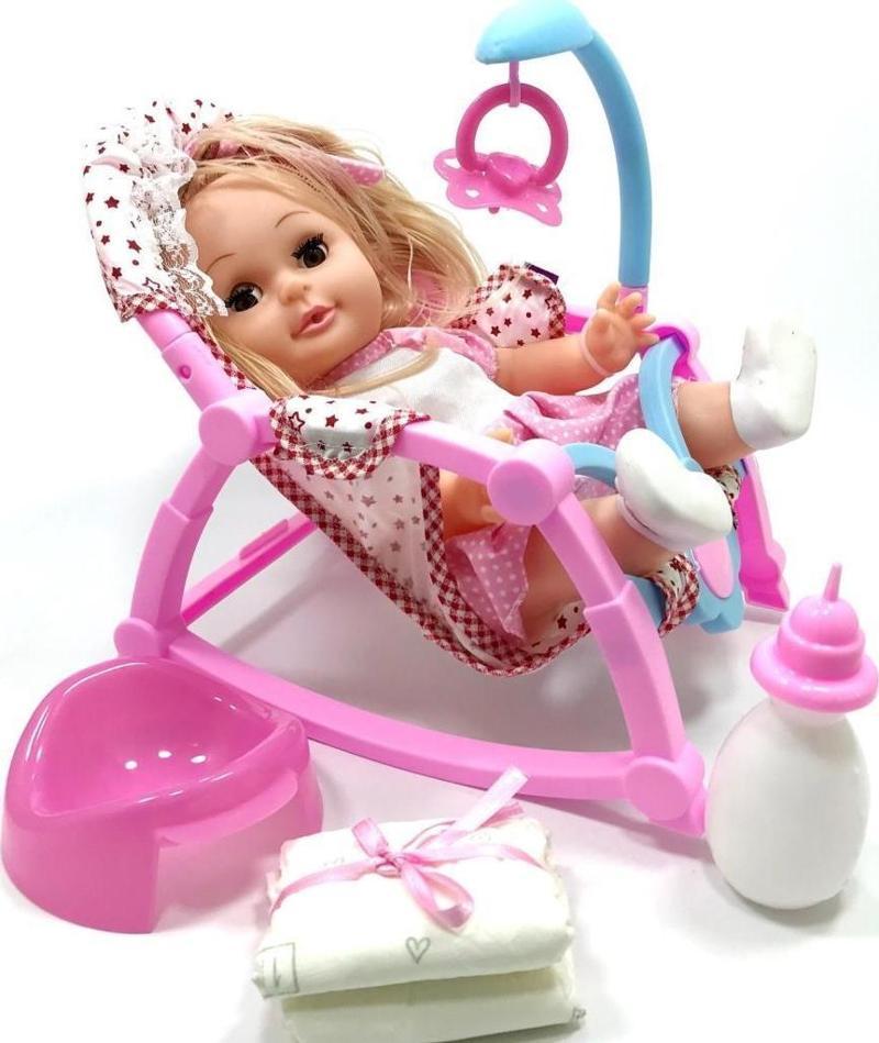 Pusetli Altını Islatan Emzikli Biberonlu TR Şarkı Söyleyen Masal Anlatan Sarışın Roza Bebek 33 Cm  - GL10061