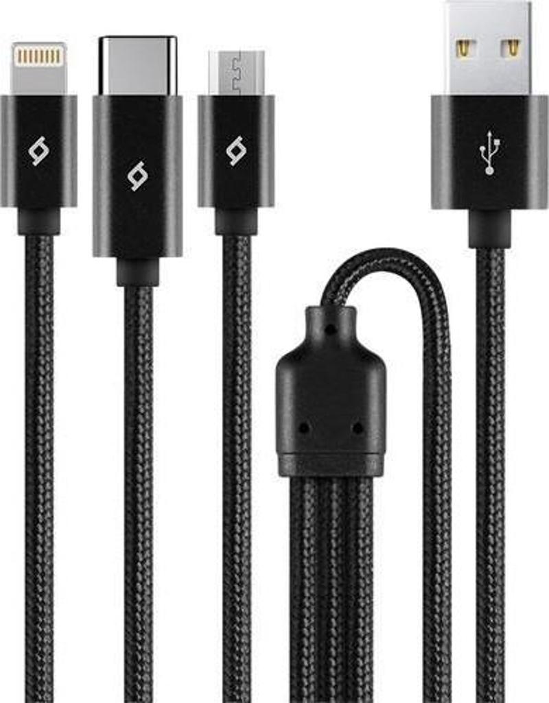 2DK39S AlumiCable Trio Şarj Kablosu 1mt. USB-A - USB-C / Lightning / Micro USB