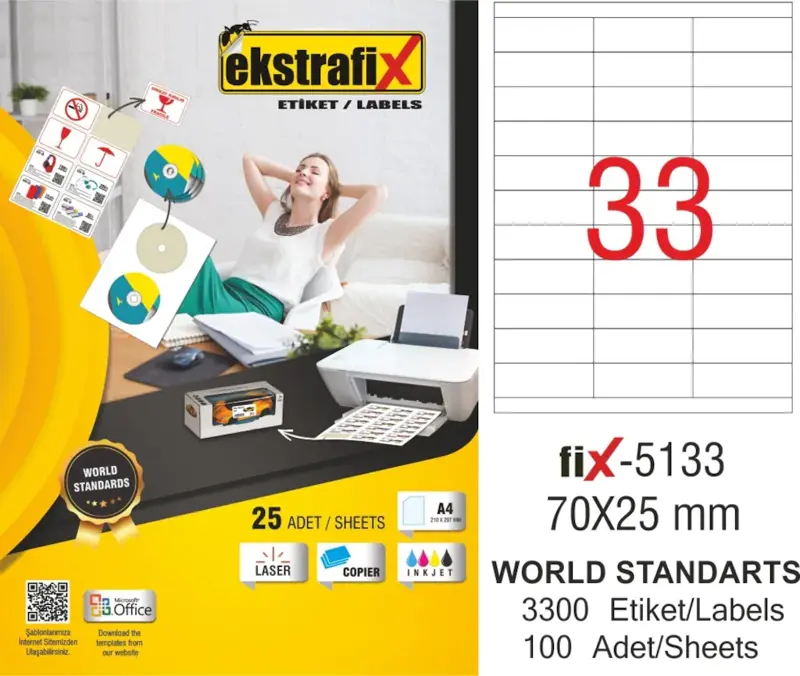 Laser Etiket 100 Yaprak 70X25Mm Laser-Copy-İnkjet Fix-5133